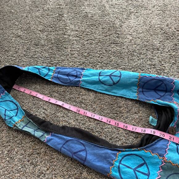 Handmade Hippie Nepal Boho Crossbody Shoulder Bag Purse Blue Peace Signs Zipper - Picture 11 of 12